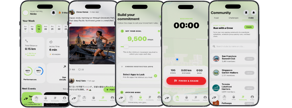 Passo iOS App Interface showing beautiful steps tracker and premium rewards store